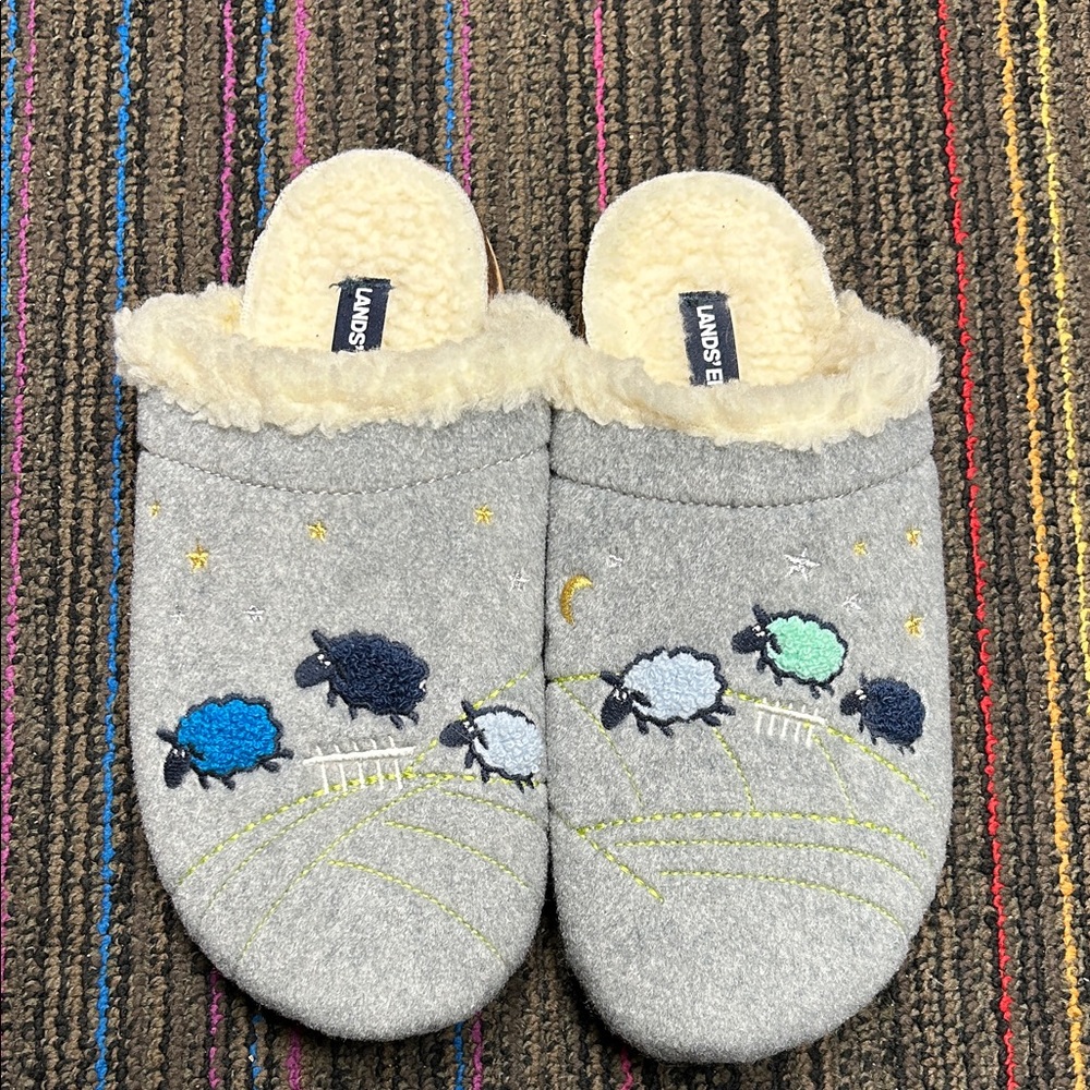 Lands' End Gray Slippers with Sheep Design